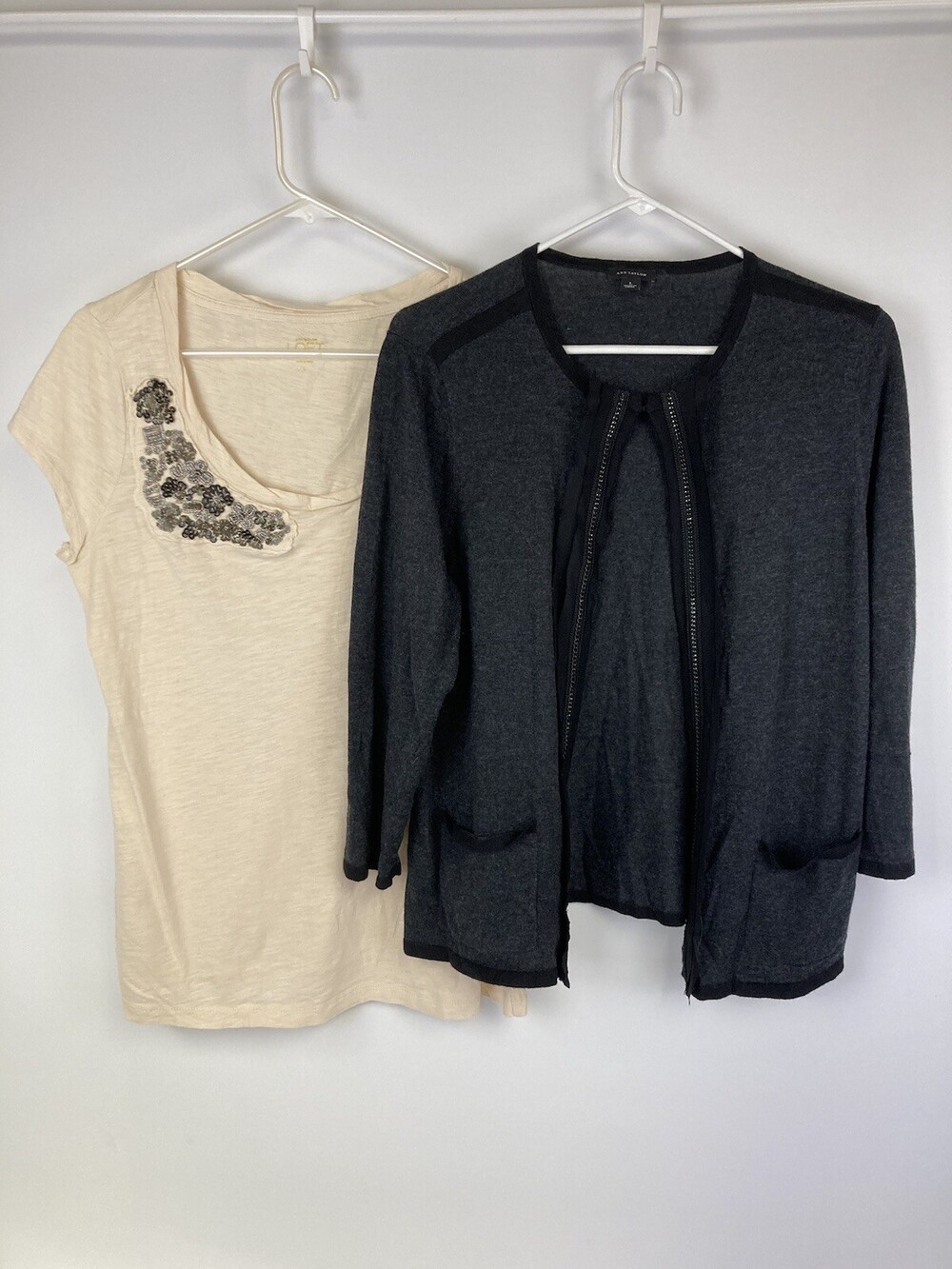 2 Pc Lot Ann Taylor Loft Size Large Career Cotton Gray Cardigan Sweater Tops Set